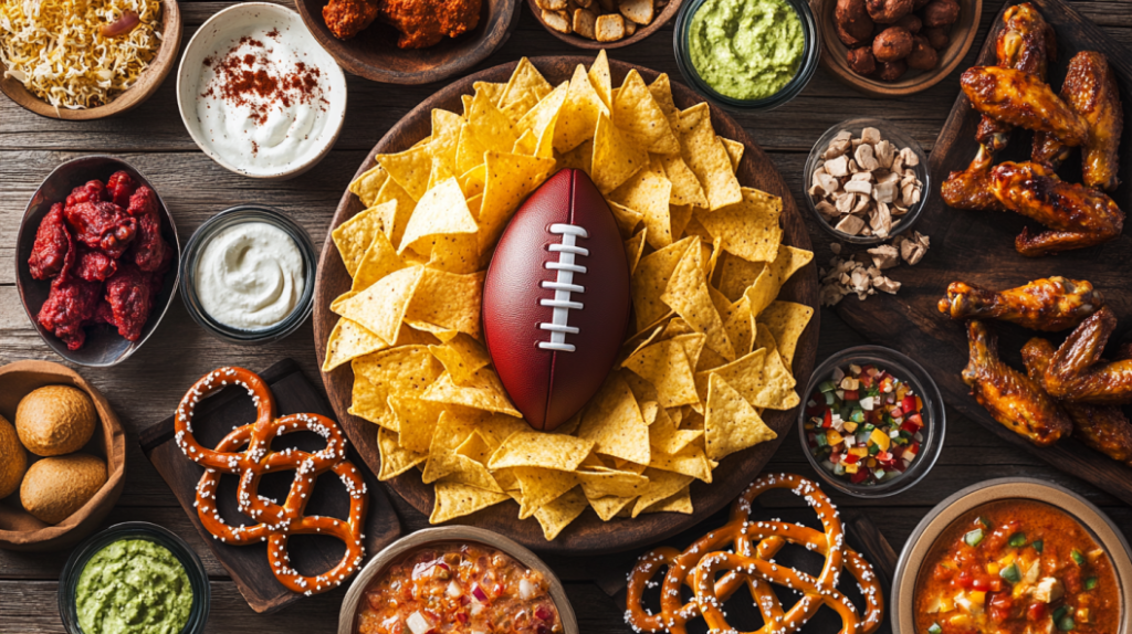 Colorful game day recipes featuring nachos, wings, and pretzels.