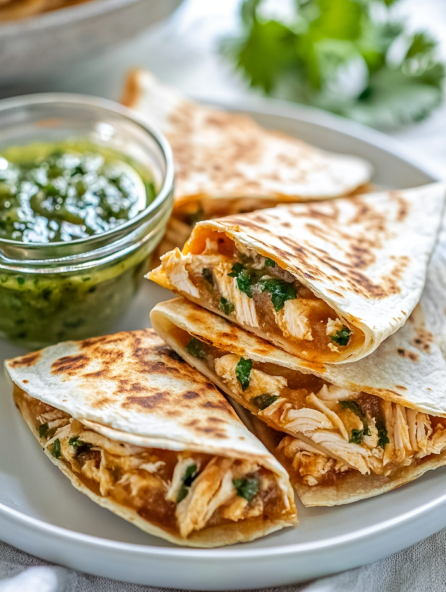 Easy game day recipes: mini chicken quesadillas with salsa.