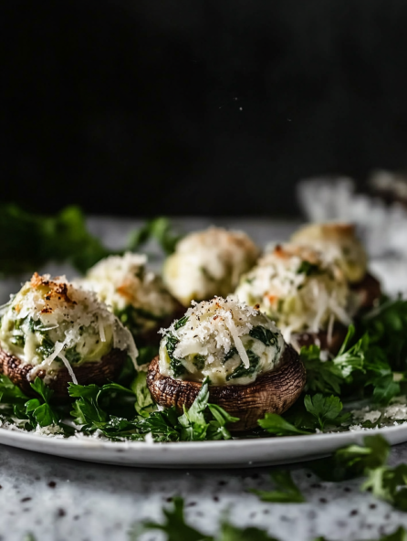 Game day recipes idea: creamy spinach artichoke stuffed mushrooms.