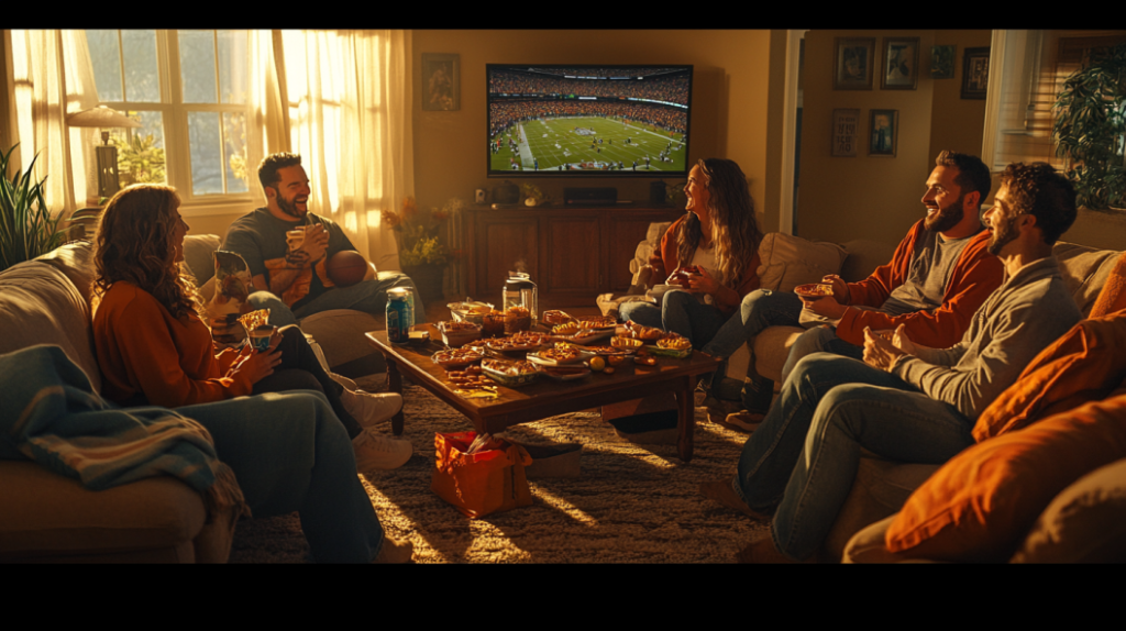 Friends enjoying game day recipes while watching football.